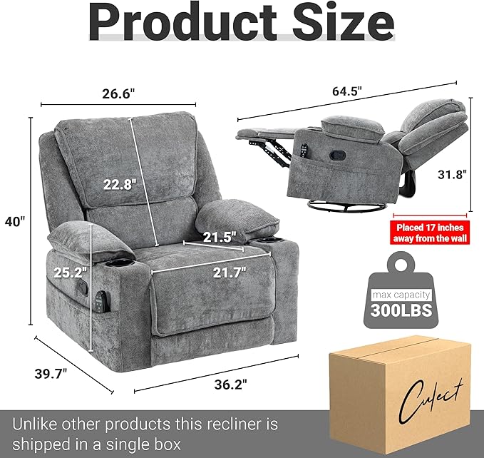 360° Swivel Rocking Recliner Multi-Functional Chair with Heating Massage Functions Equipped with Remote Control Cup Holder Suitable for Living Room &amp Bedroom Use Chenille Fabric