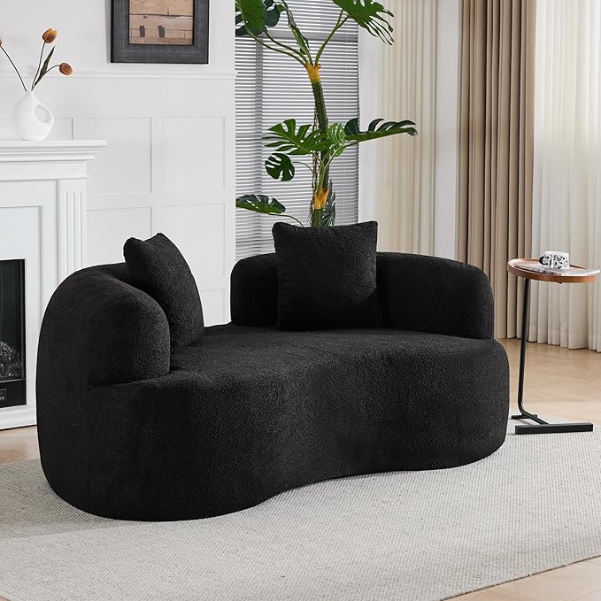 67 Curved Loveseat Sofa with 2 Pillows Boneless Curved Couch with Round Armrest Cloud Sofa for Living Room Bedroom Small Spaces Teddy Modern Compressed No Assembly (Black)