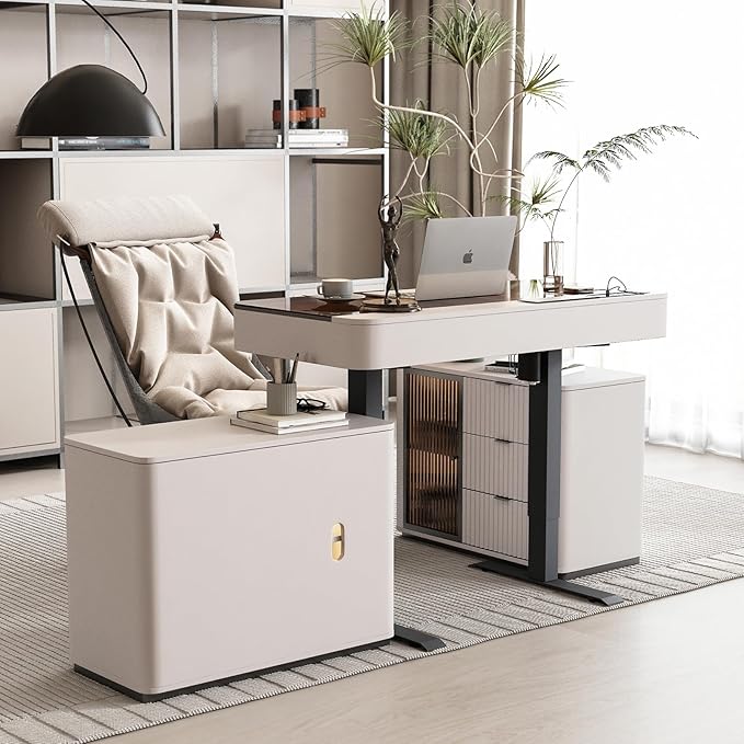 Lartis Office Desk Electric Standing Desk with Built-in Outlets Tempered Glass Top Modern Office Computer Desk with 2 Side cabinets (Ivory White 50)