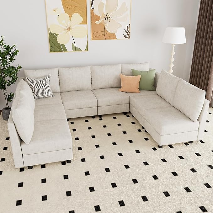 Fiona's magic Modular Sectional Sofa Set 8 Seats Sleeper Sofa Couch with Storage Sectional Sofa Couch with USB Charging Port Modern Comfy Chenille Couch for Living Room Beige