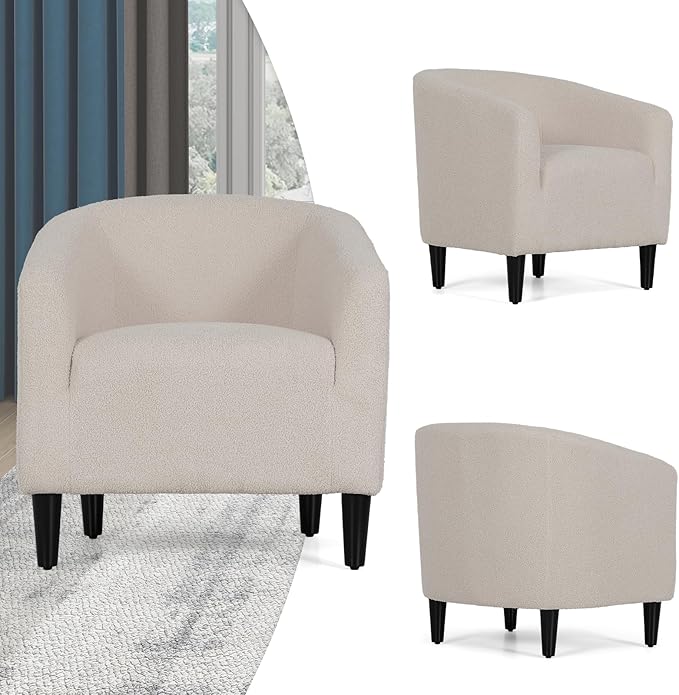 Magshion Barrel Chair Modern Sherpa Armchair Boucle Fabric Accent Chair with Cozy Soft Padded Single Sofa Chair for Living Room Bedroom Office Waiting Room 300lbs Capacity Light Gray