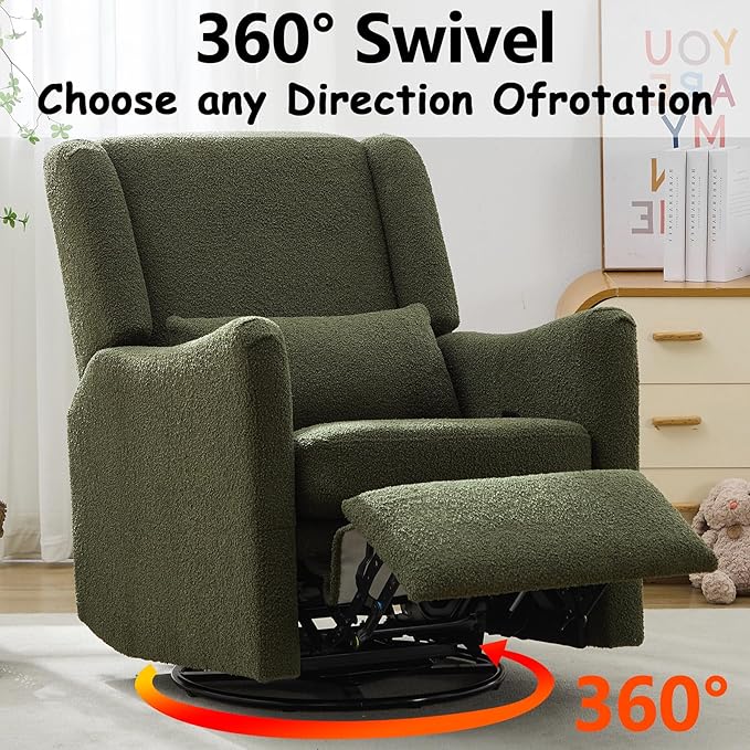 Classic Wingback Glider Recliner Nursery Chair Rocker Swivel Recliner Chairs for Small Spaces Thick Cushion Linen (Green)
