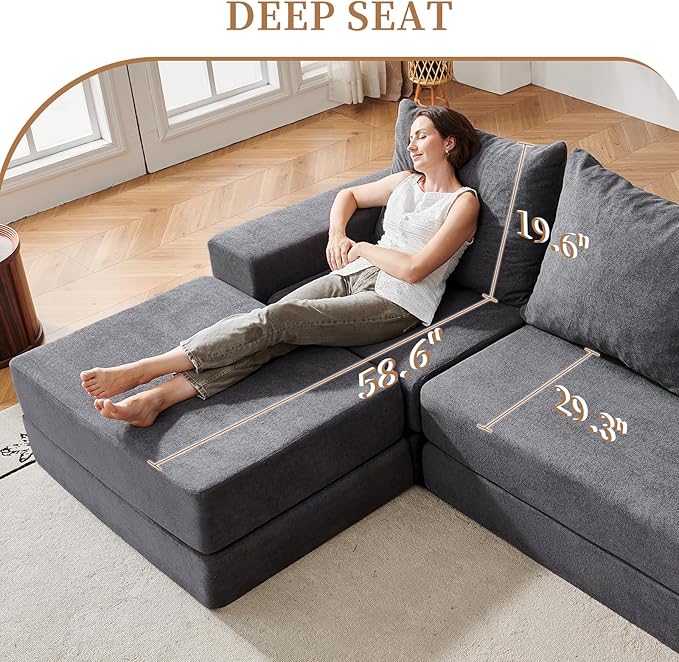 108'' Modular Sectional Couch Modern 3-Seater Boneless Cloud Sleeper Sofa L-Shaped Convertible Sectional with Non-Slip Bottom No Assembly Required Deep Seats Couch for Living Room Grey