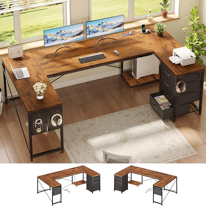 SEDETA 67 U Shaped Desk with 4 Fabric Drawers Reversible Corner Computer Desk with Power Outlet &amp CPU Shelf L Shaped Office Desk with Pegboard for Home Office Rustic Brown