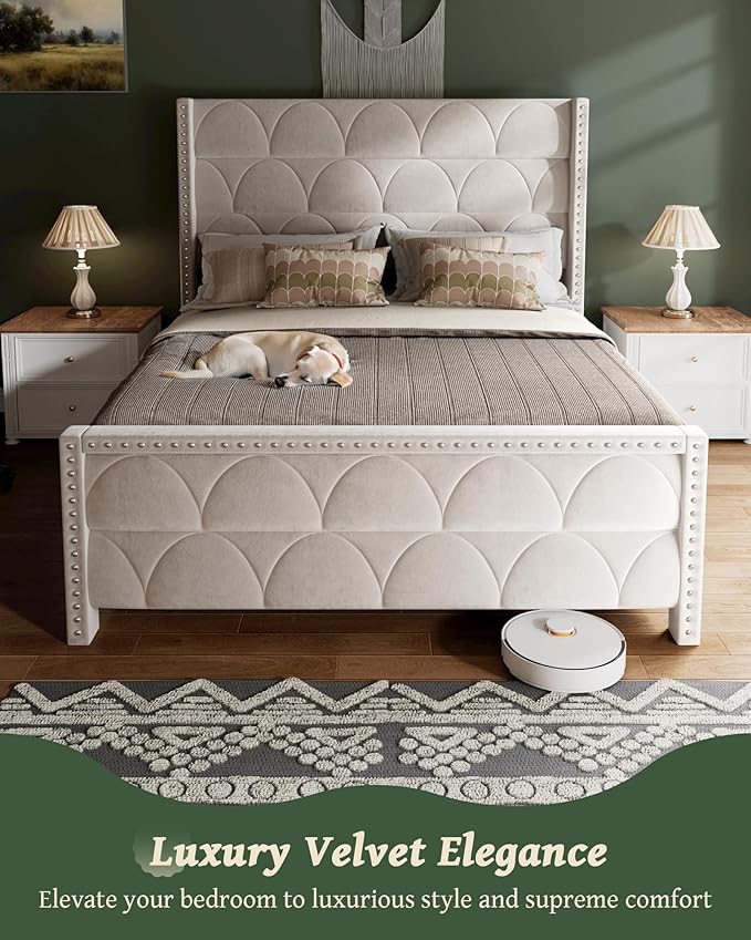 Queen Size Bed Frame with 56 Headboard - Velvet Upholstered Wingback Platform Bed Frame Noise Free Sturdy Wooden Slat Support (Cream Queen)