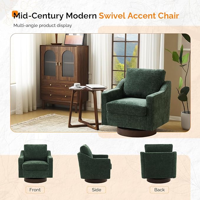 VINGLI Mid-Century Modern Swivel Accent Chair 360°Upholstered Armchair Home Sofa with Track Arms for Living Room Bedroom Reading Room Club Swivel ChairChenille Green