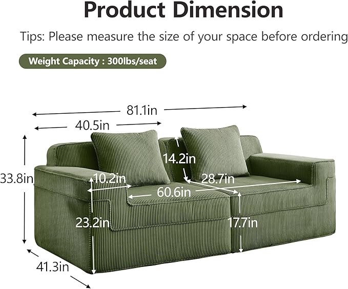 Loveseat Boneless Sofa Couches for Living Room-81 Green 2 Seater Cloud Couch-No Assembly Required Modular Corduroy Full Sponge Compression Sofas for House Apartment