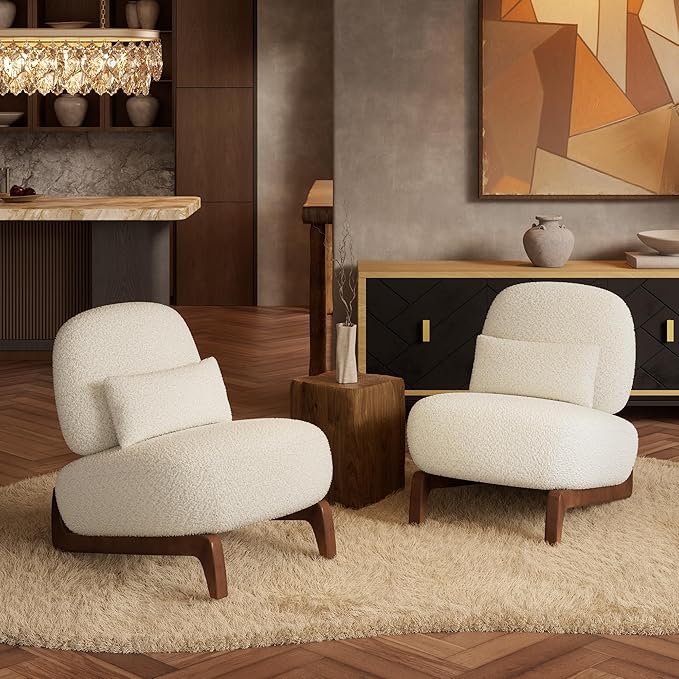 Morden Fort Boucle Chair Upholstered Accent Chair Tilted Wooden Leg with Durable Comfy Boucle Pet-Friendly Thick Cushion &amp Pillow Armless Modern Chairs for Living Room Bedroom Reading Beige