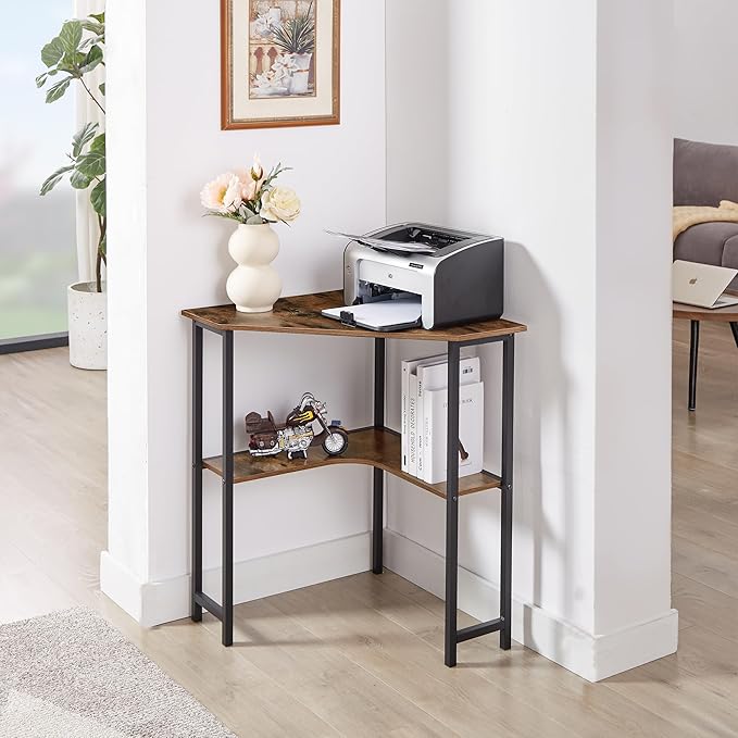 VECELO Small Corner Computer Desk 33 x 23 inches with Storage Shelves for Small SpacesTriangular ShapeBrown