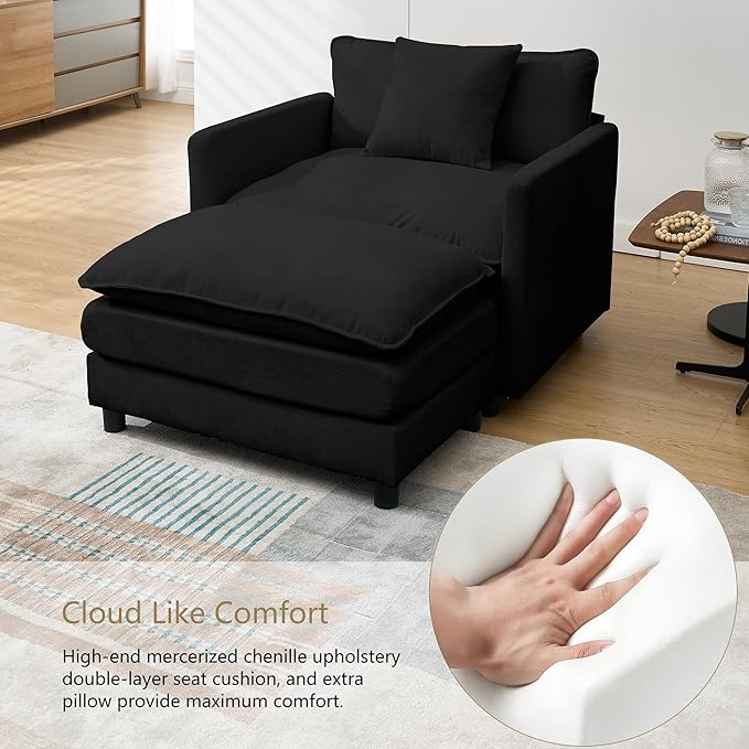 Oversized Chair with Ottoman Modern Chenille Upholstered Deep Seat Couch Armchair 40.16'' Comfy Chaise Lounge Indoor with Thick Cushion for Living Room (Black 40.16'' Single Seat Sofa &amp 1 Ottom