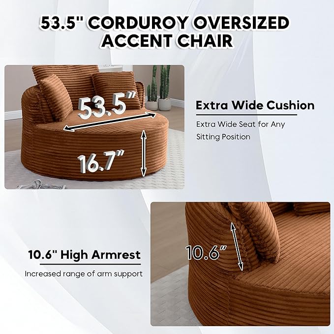 Oversized Round Chair Lounge Chaise Indoor 53.5 Corduroy Boneless Round Chair Fluffy Single Deep Seat Cloud Sofa Chairs Modern Circle Chaise Lounge for Bedroom Living Room Orange