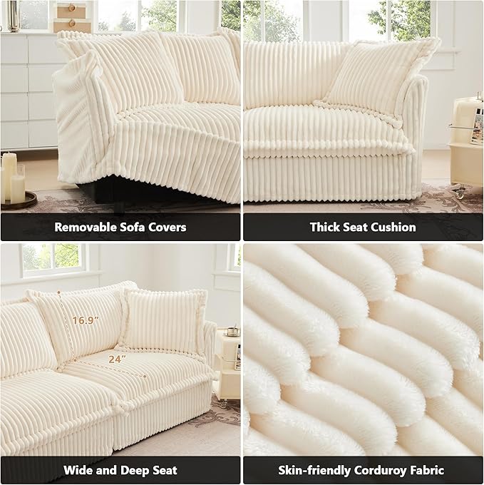 Aoowow Oversized Modular Sectional Sofa 156.6” Corduroy Comfy 4-Seat Sofa Couch Upholstered Deep Seat Couches with Big Toss Pillows for Living Room Apartment OfficeCream-Corduroy