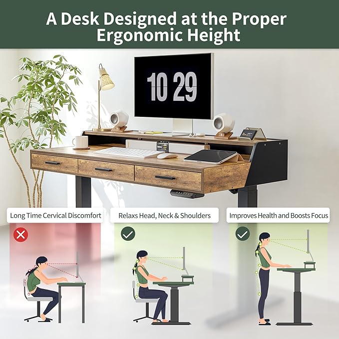 CubiCubi Standing Desk 55x26 Inches with 3 Wood Drawers and Monitor Shelf Ergonomic Rising Home Office Desks Height Adjustable Computer Desk Sit Stand Up Electric Workstation Table Antique Brown