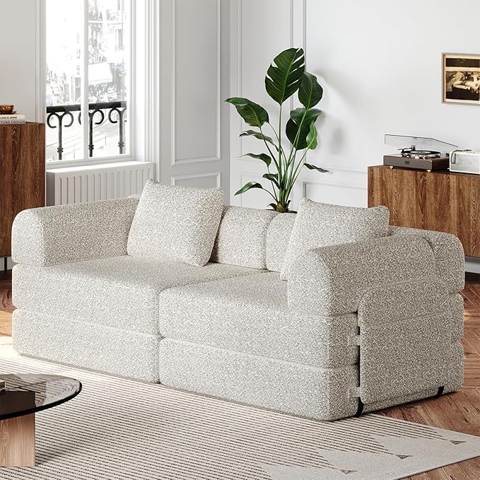 KINFFICT 72 inch Sectional Sleeper Sofa Modular Futon Folding Loveseat Floor Sofa Bed Convertible Comfy Chenille Memory Foam Couch Bed with Side Pockets for Guest Room Bedroom Living Room Beige