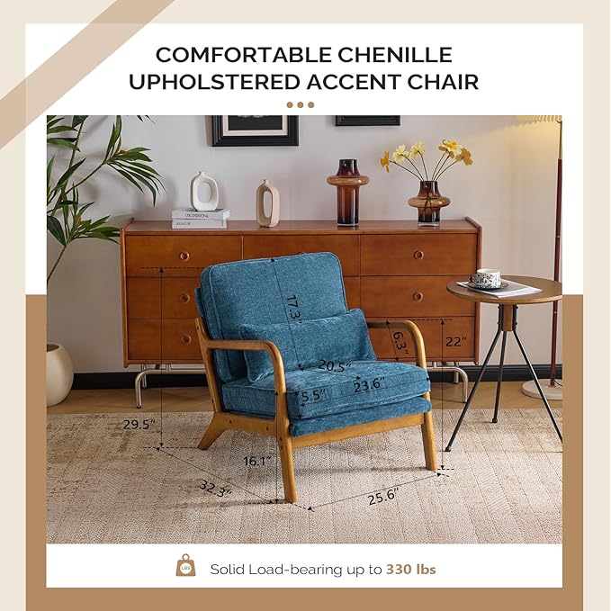 VINGLI Chenille Mid-Century Modern Accent Chair Set of 2 Cute Reading Arm Chair with Cushion &amp Lumbar Pillow &amp Solid Wood Frame for Lounge Living Room Reading Room Bedroom Blue