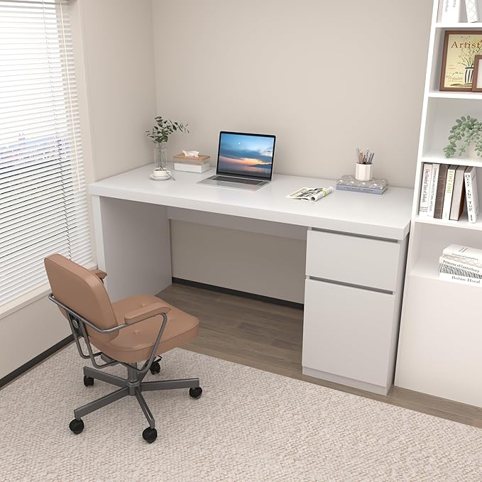 White Desk with Drawers 55 Inch Small Computer Desk with Storage Cute Home Office Desk for Study Vanity Gaming Modern Computer Desk for Bedroom and Office White