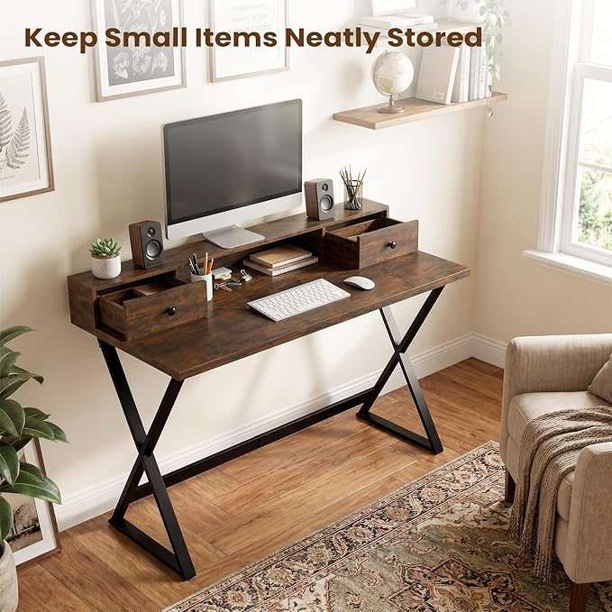 Manora Computer Desk with Drawers and Monitor Stand 47 Home Office Desk with Storage Shelf Rustic Brown Writing Study Table with Metal Frame for Bedroom Workstation for Laptop PC