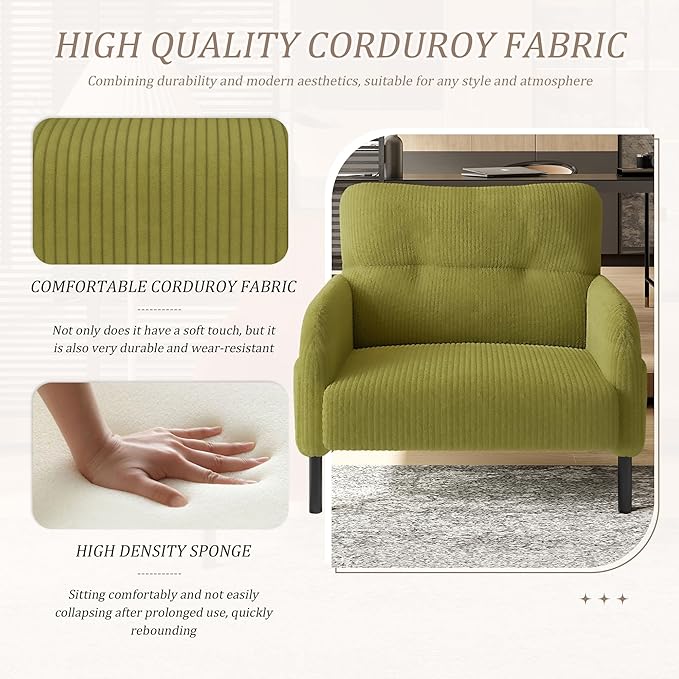 Olive Green Accent Chair - Corduroy Living Room Chairs with Side Storage Pockets and Durable Legs Comfy Arm Reading Chair with Soft Backrest for Bedroom Balcony Study Room