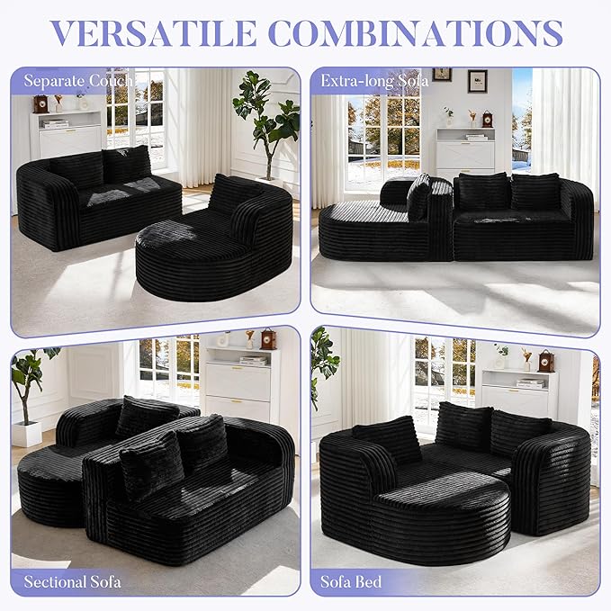 Hobestluk 96 Cloud Sectional Couch Modern Boneless Couch 3 Seater with Oversized Chaise L Shaped Modular Sofa Couches for Living Room Apartment No Assembly Required (Stripe BlackLeft Facing Chaise)