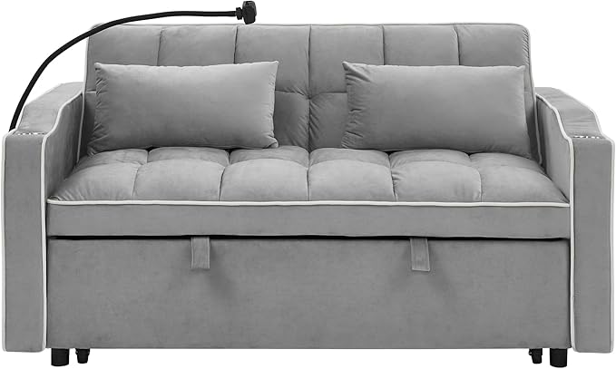 LUMISOL 55.5 Convertible Sleeper Sofa with Pull Out Bed 3-in-1 Loveseat Sofa with USB Ports 2 Cup Holders &amp Storage Pockets Velvet Sleeper Sofa Bed with Adjustable Backrest Grey