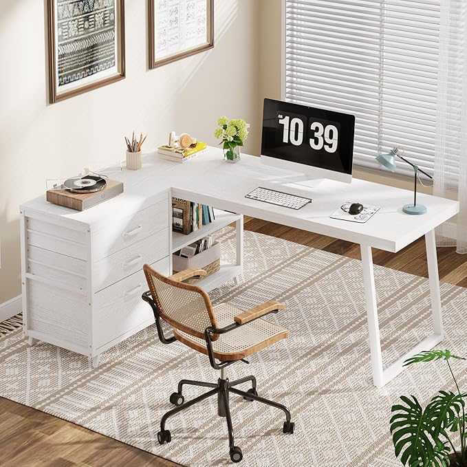 Tribesigns L-Shaped Computer Desk with 3 Drawers Reversible Corner Home Office Desk with Shelves 53-Inch Industrial PC Desk Study Writing Table Workstation for Small Space White