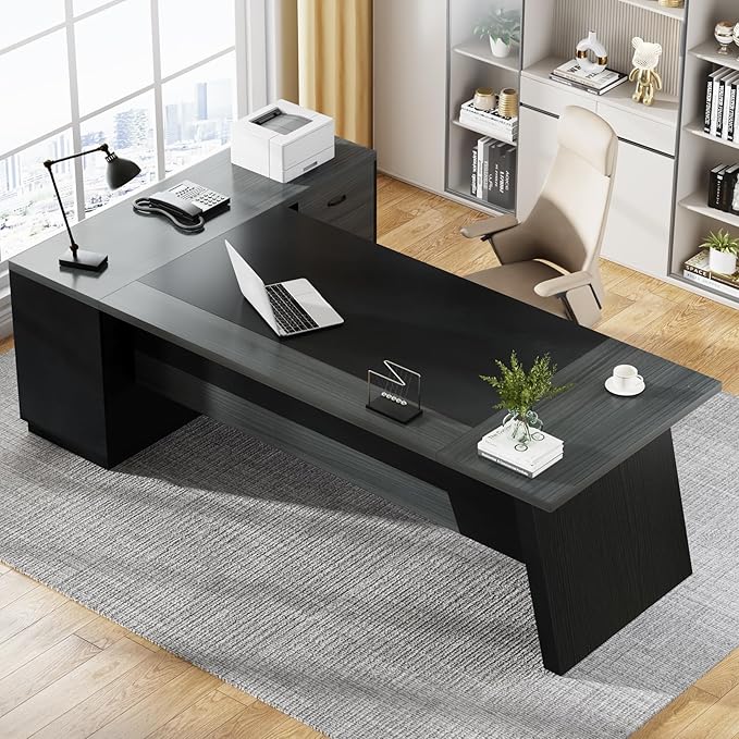 Tribesigns L-Shaped Executive Desk 78-Inch Modern Office Desk with Drawers and Lateral File Cabinet Large Bussiness Furniture with Storage Shelves Workstation for Home Office (Grey + Black)