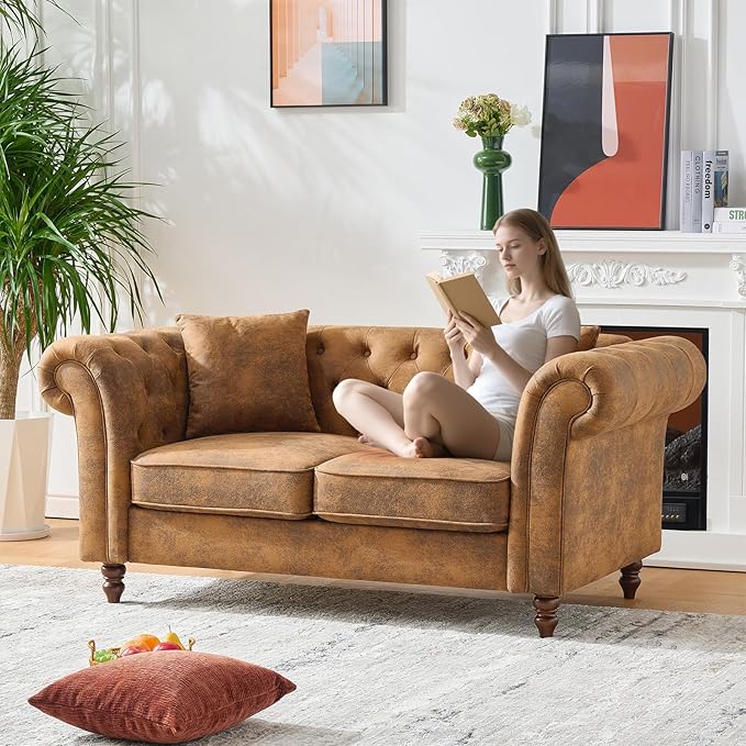 Mid Century Modern Faux Leather Couch Set of 2 Tufted Couch and Loveseat Set muebles para la sala Comfy Chesterfield Upholstered Office Furniture Living Room Sofa Set 2 Piece (Brown 2+3 Seater)