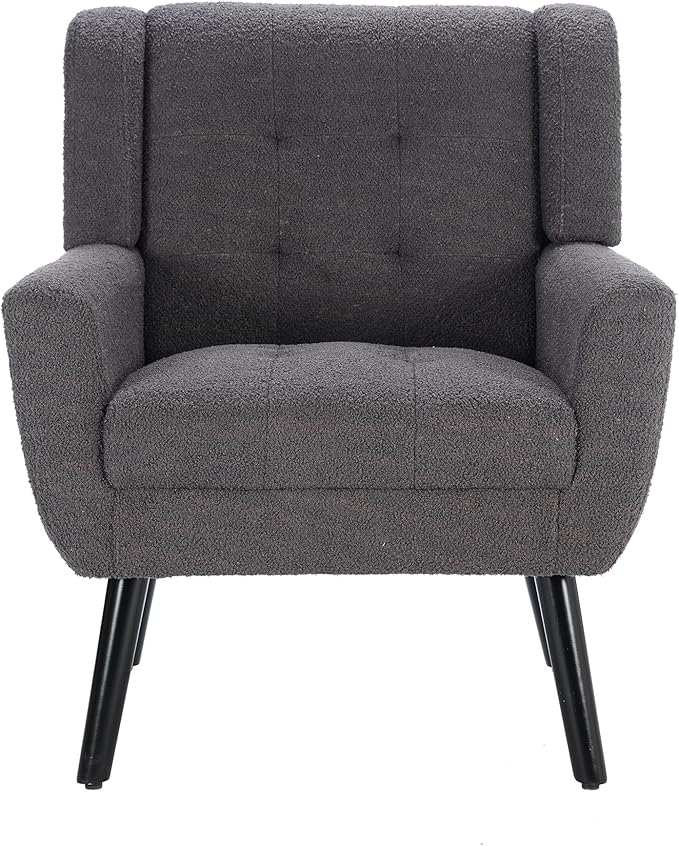 Modern Soft Teddy Material Ergonomics Accent Chair Living Room Chair Bedroom Chair Home Chair with Black Legs for Indoor Home Grey Teddy Fabric