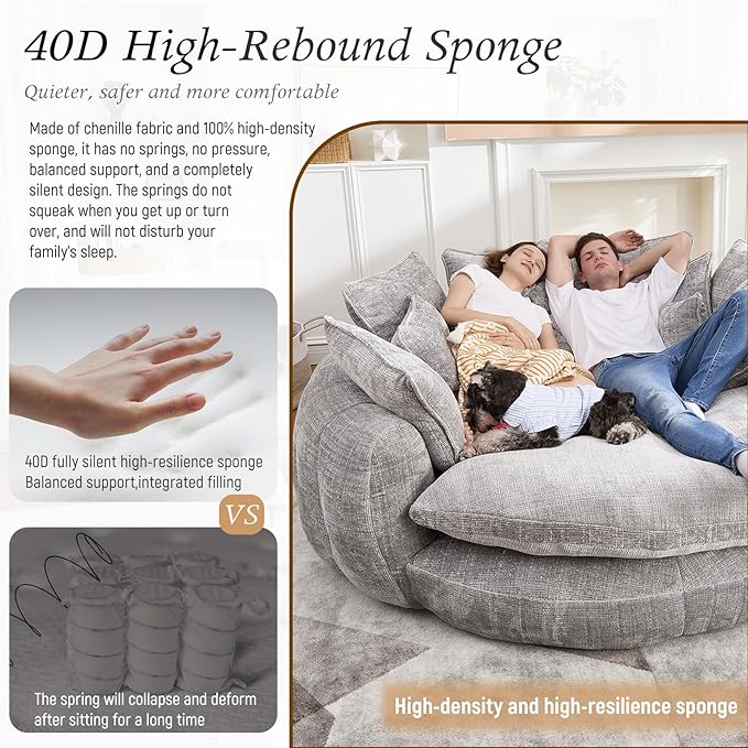 Oversized Sleeper Sofa Bed 81'' Round Chaise Lounge Chair Indoor Modern Chenille Boneless Couch Loveseat Plush Couch Cloud Couches Comfy Bean Bag Chair for Living Room Apartment (Light Grey)