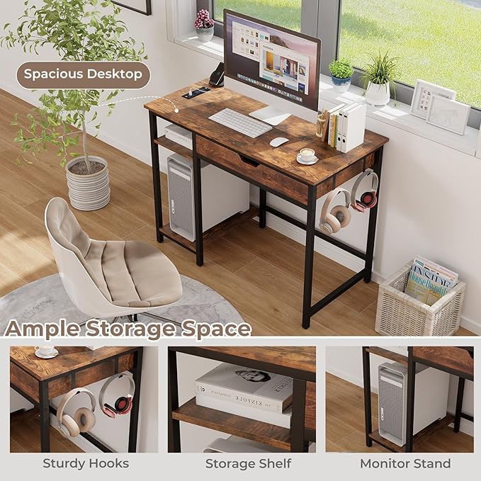 GOFLAME Computer Desk with Drawer Writing Desk with Power Outlets Storage Shelf Monitor Stand Gaming Desk Table Workstation for Home Office Bedroom Rustic Brown