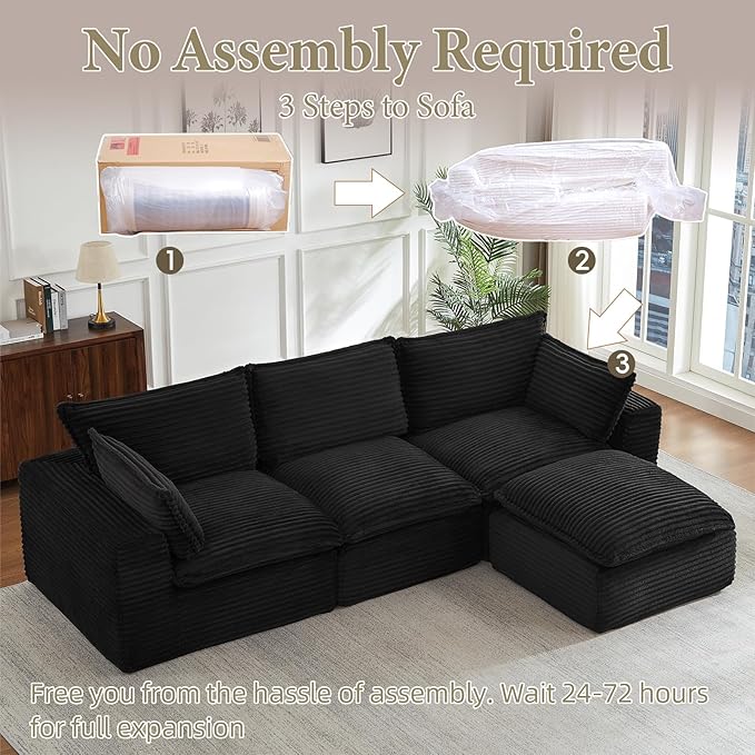 110 Inch Modular Sectional Sofa - Cloud Sectional Couch with OttomanCorduroy Boneless Couches with Deep SeatModern Sponge Compressed Couches for Living Room (White 4 Seat -L Shape Couch)