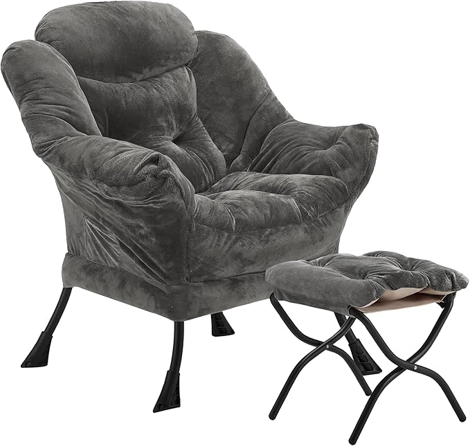 Lazy Chair with Folding Ottoman Accent Chair Plush Upholstered with Metal Structure and Non-Slip Pads Sofa Armchair with Footrest and Side Storage Bag for Dorm Room Office Dark Gray