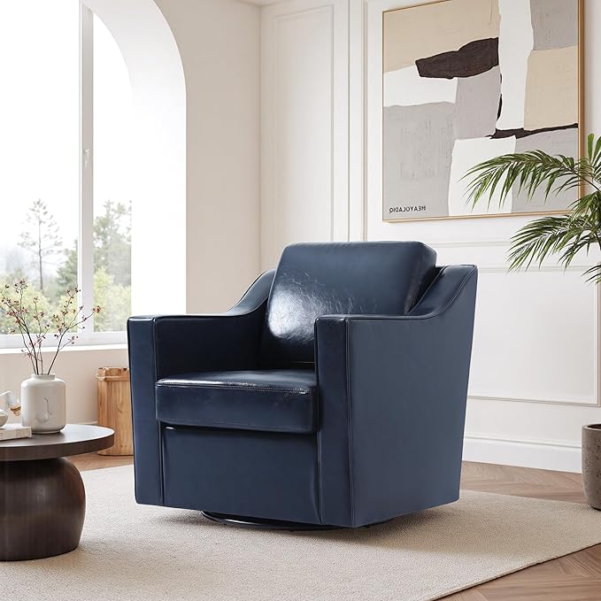 Swivel Accent Chair Modern Round Barrel Arm Chair for Living Room Bedroom Comfy Club Reading Chairs for Adults (Leather Navy Blue Set of 2)