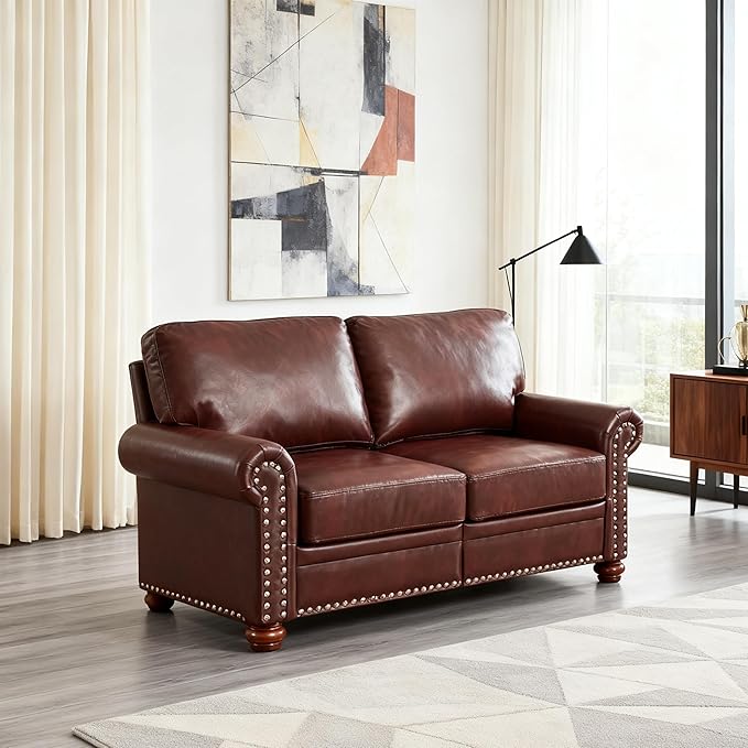 Loveseat Velvet Fabric Two- Seater Couch Buckle Design and Rivet Decoration Deep Seated Double Sofa Suitable for Living Room Bedroom Apartment Hotel etc (brown-01)