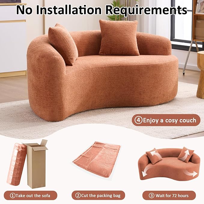 67 Curved Loveseat SofaFull Sponge Compression Sofa Chinese Tai Chi StyleS-Shaped Couch for Small SpacesNo Installation RequirementWood Grain Chenille Fabric (Coral67)