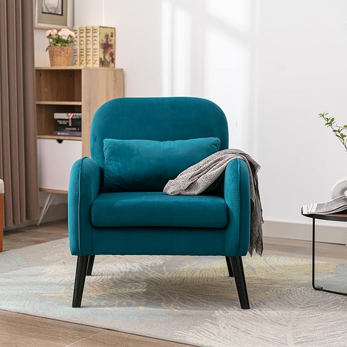 Mid Century Modern Accent ChairSingle Sofa Chair with Solid Wood Legs Comfy Fabric Upholstered Reading Armchair with A Soft Cushionfor Living Room BedroomApartmentOffice (Teal)