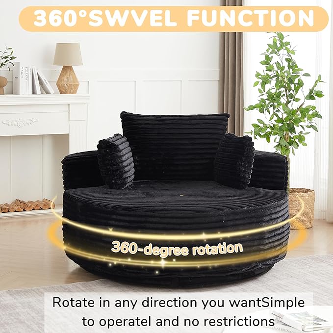 55''L Round Swivel Accent Chair Oversized Plush Corduroy Modern Swivel Barrel Chairs Upholstered Cozy Reading Chair for Living Room Bedroom Home Office (Corduroy Black)