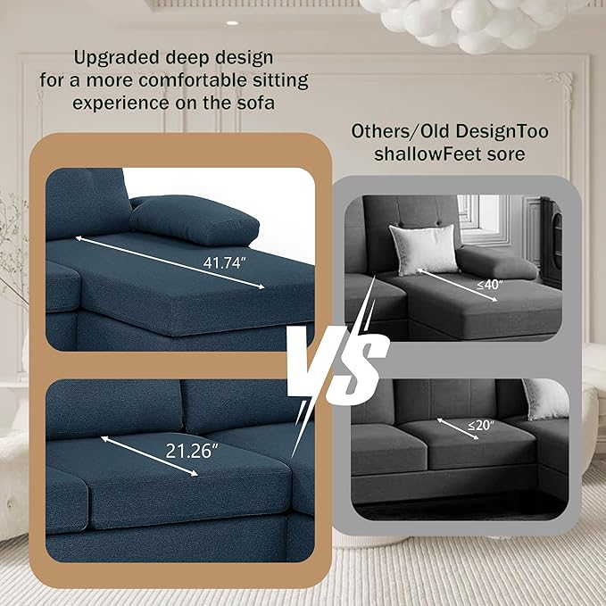 111 Sectional Couch for Living Room Modern Polyester Fibre U Shaped Sofa Couches with Double Chaise Upholstered 4 Seater Sofa for Living Room Apartment Office Blue