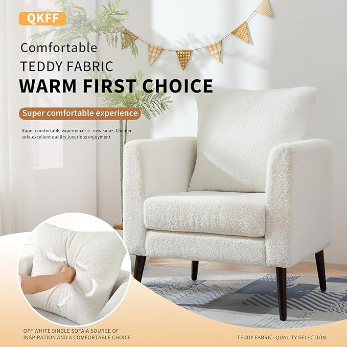Barrel Accent Chair Set of 2 with Back Pillow Large Teddy Upholstered Armchair with Solid Wood Legs Modern Reading Chairs for Living Room Bedroom