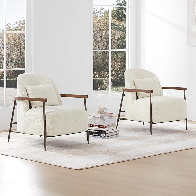 CHITA Accent Chair for Living Room Set of 2 FSC Certified Modern Upholstered Faux Sherpa Fabric Armchair with Metal Frame and Wooden Armrests Ivory