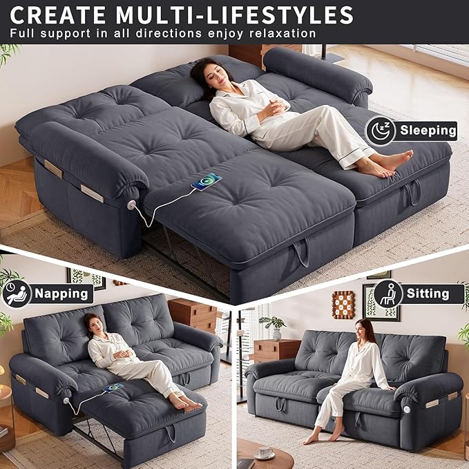 Queen Size Sleeper Sofa Couch with Pullout BedConvertible Pull Out Adjustable Backrest for Small SpacesApartment Guest Room (3820GREY)