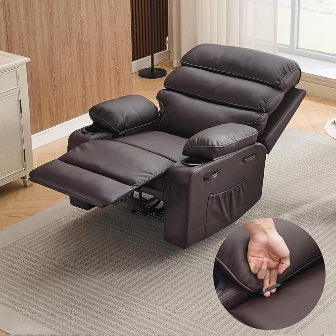 PU Leather Extra Wide Manual Recliner for Adults with Massage and Heat Large Lazy Chair with 1.5X Sponge Comfort Arm and Back for Living Room Bedroom