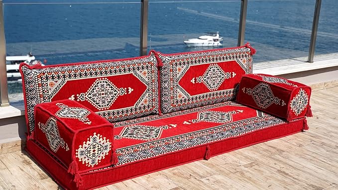 Single Arabic Floor Seating Cushions Arabic Majlis Floor Sofa Reading Nook Loveseat Sofa Single Floor Couch Ottoman Floor Pillows (Red)