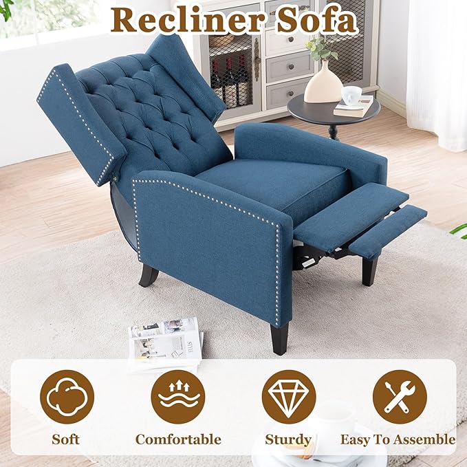 Wingback Recliner Chairs with Foldable Side Table&ampUSB Charging PortsMid Century Accent Single Sofa Small Recliner ChairModern Comfy Pushback Reclining Chair for Living Room (Polyester Blue)