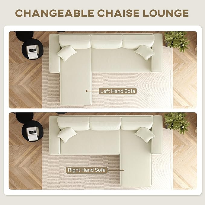 HOMCOM 95 Sectional Sofa with Reversible Chaise Lounge L-Shaped Corner Sofa with Corduroy Fabric Pocket Spring 2 Pillows Wide Arm Thick Padded 3 Seat Couch for Living Room Cream White
