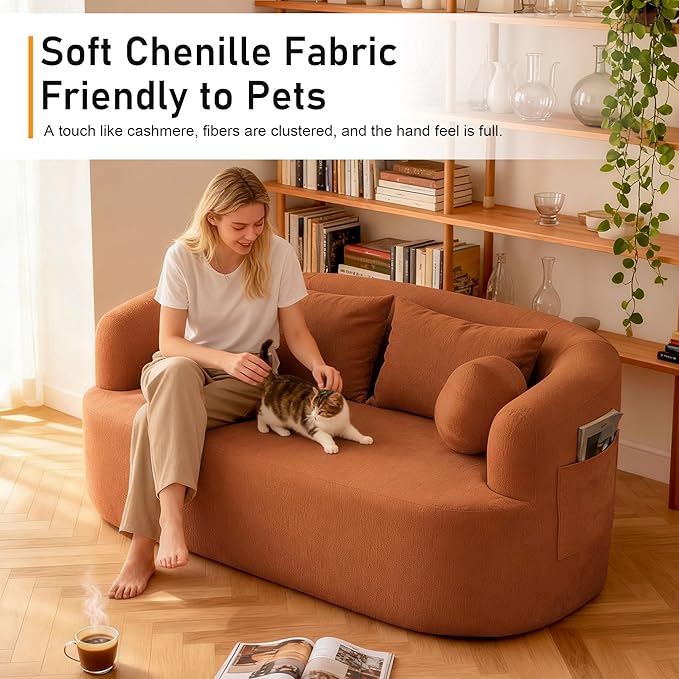 Loveseat Sofa 67.3 Boneless Curved Sofa Filling with Foam and Spring Chenille Small Love Seat for Small Spaces 4 Pillows and Side Pocket Living Room Apartment Bedroom No Assembly