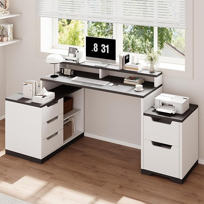 L Shaped Desk with File Drawers &amp Storage Cabinet 61 Inch Computer Desk with Power Outlets Office Desk with Monitor Stand Printer Shelf White and Black