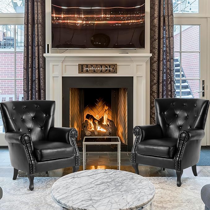 MOJAY PU Leather Accent Chair Set of 2 Modern Armchair Living Room Chair Upholstered Club Chair with Rivet Trim Mid-Century Sofa Chair with Sturdy Wood Legs for Bedroom (Black)