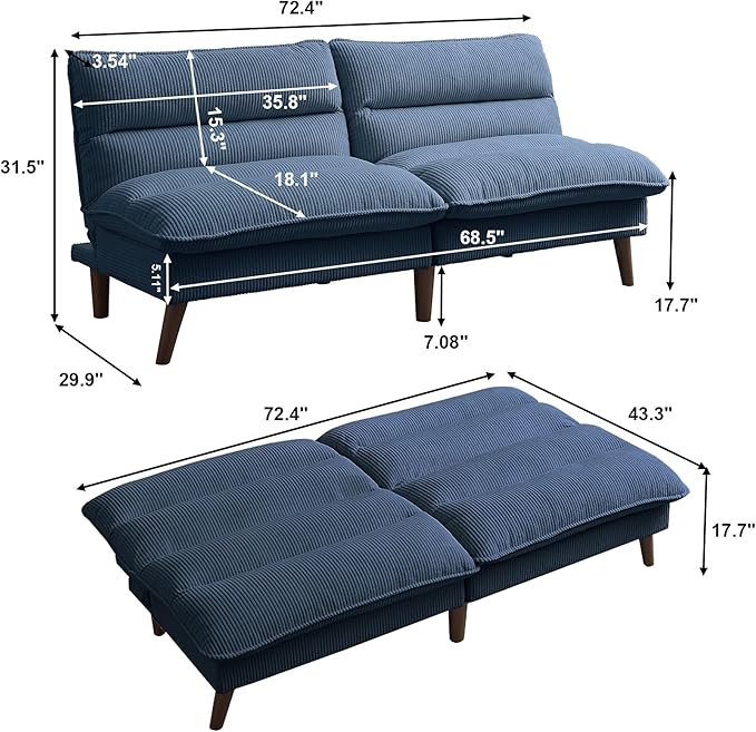 Futon Sofa Bed 72 Convertible Futon Couch with 3-Level Adjustble Backrest Modern Loveseat Couch Folding Recliner Sleeper Sofa for Small Spaces Living Room Apartment Guest Room Blue