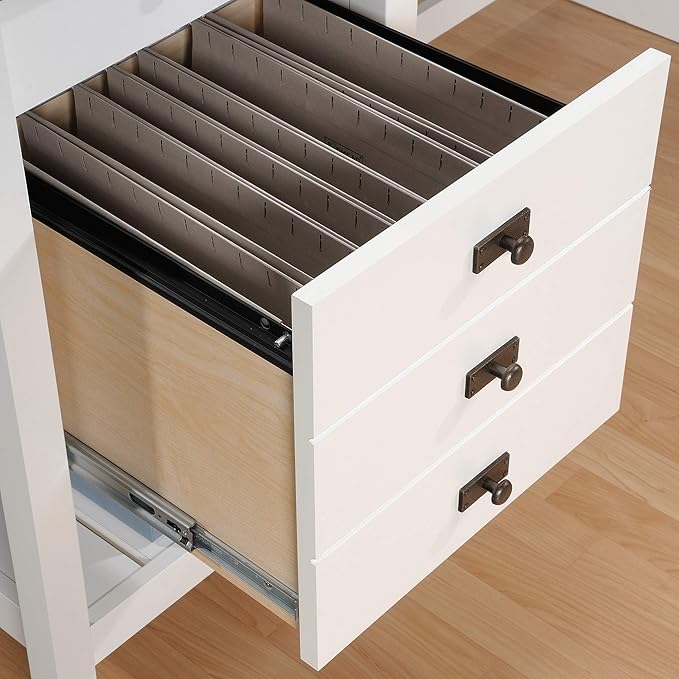 Sauder Cottage Road L Shaped Desk Computer Desk with Drawers Home Office Desk with Optional File Cabinet Storage Cable Management in Soft White Finish